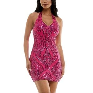 B Darlin Juniors Sequined Bodycon Halter Dress Pink sequin NWT Prom Formal Party